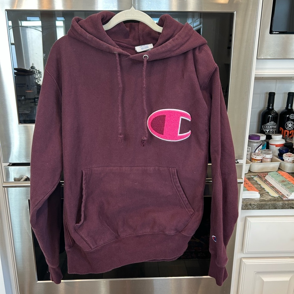 Champion Maroon Hoodie with Pink Logo reverse weave size M slight wear GUC